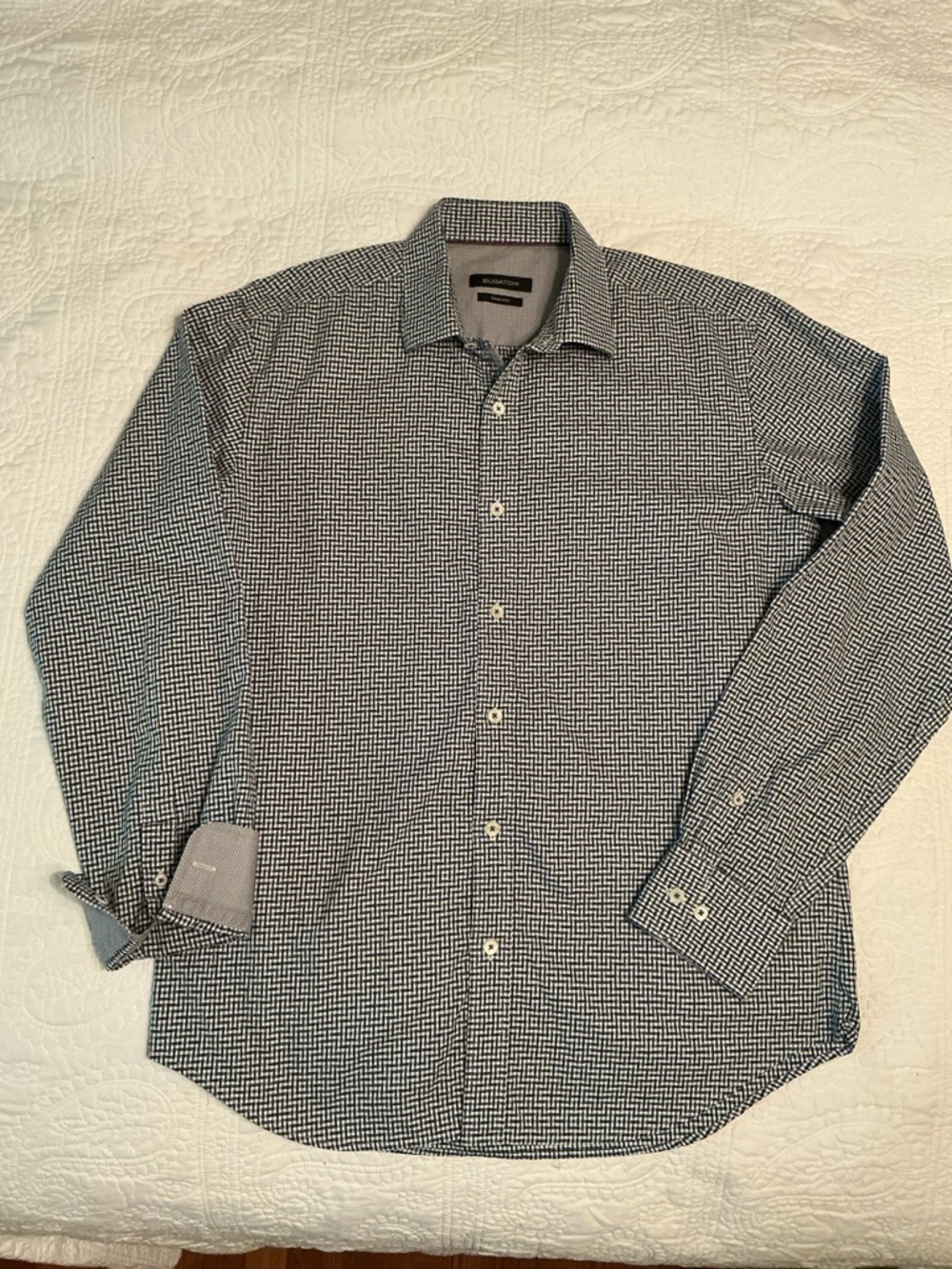 Bugatchi Men's M Shaped Fit Navy, Blue & White Geometric Print Button Down Shirt